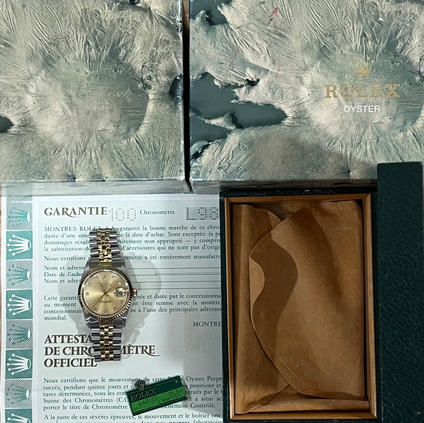 Rolex Datejust 36mm Ref:16233 “Champagne Diamond Dial” Box & Papers