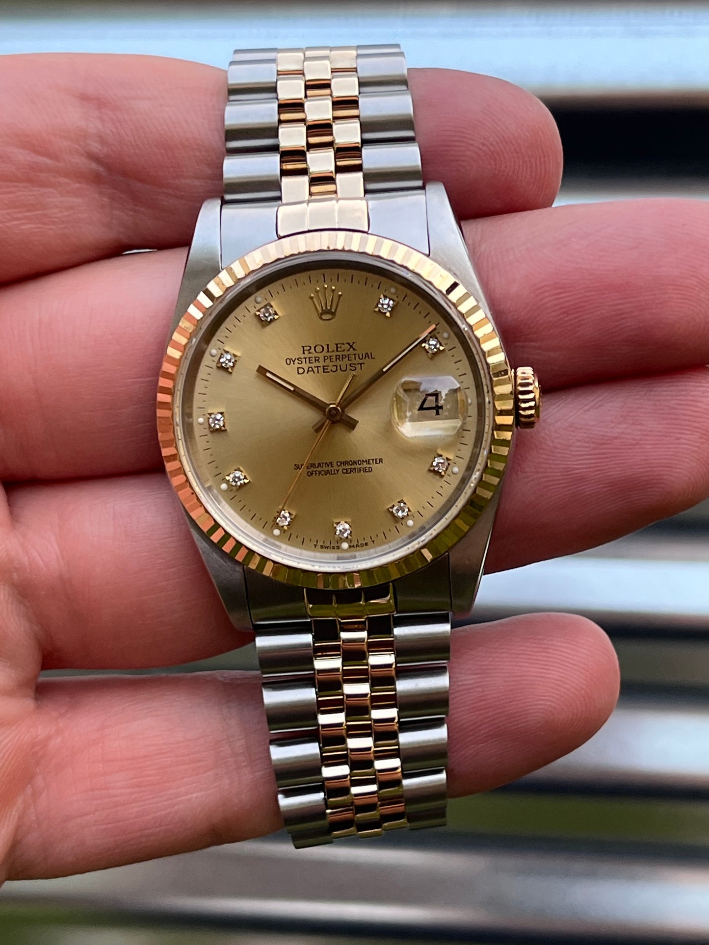 Rolex Datejust 36mm Ref:16233 “Champagne Diamond Dial” Box & Papers