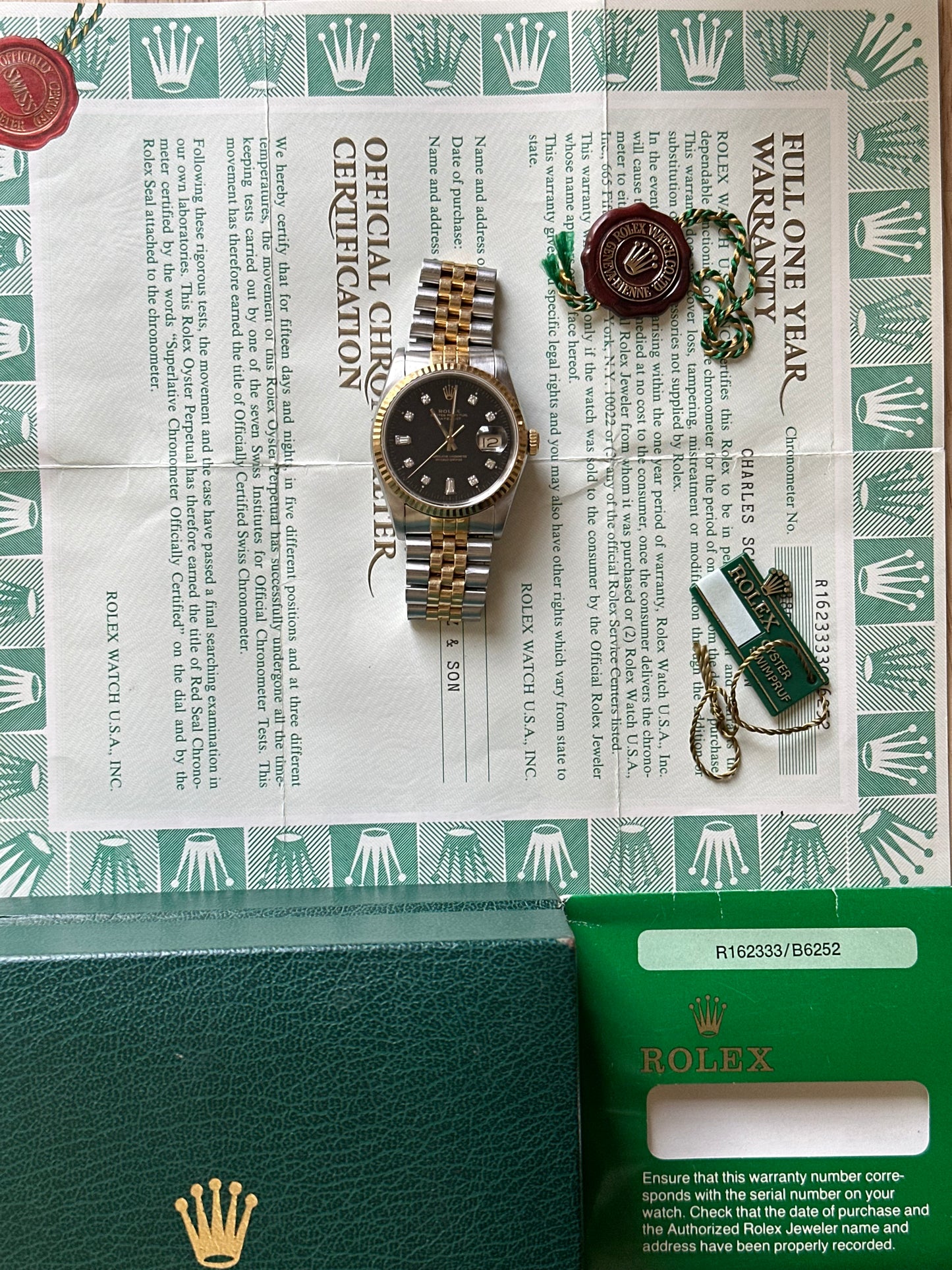 Rolex Datejust “Custom Black Diamond Dial” 36mm Ref.16233 Box & Papers