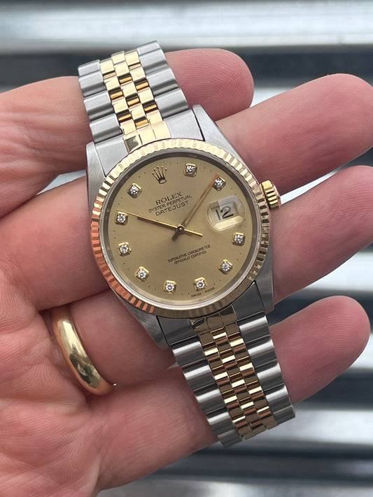 Rolex Datejust 36mm “Champagne Big Diamond Dial” Ref.16233 Box & Papers