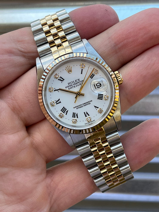 Rolex Datejust 36mm Ref.16233 “White Roman-Numeral Diamond Dial” Box & Papers