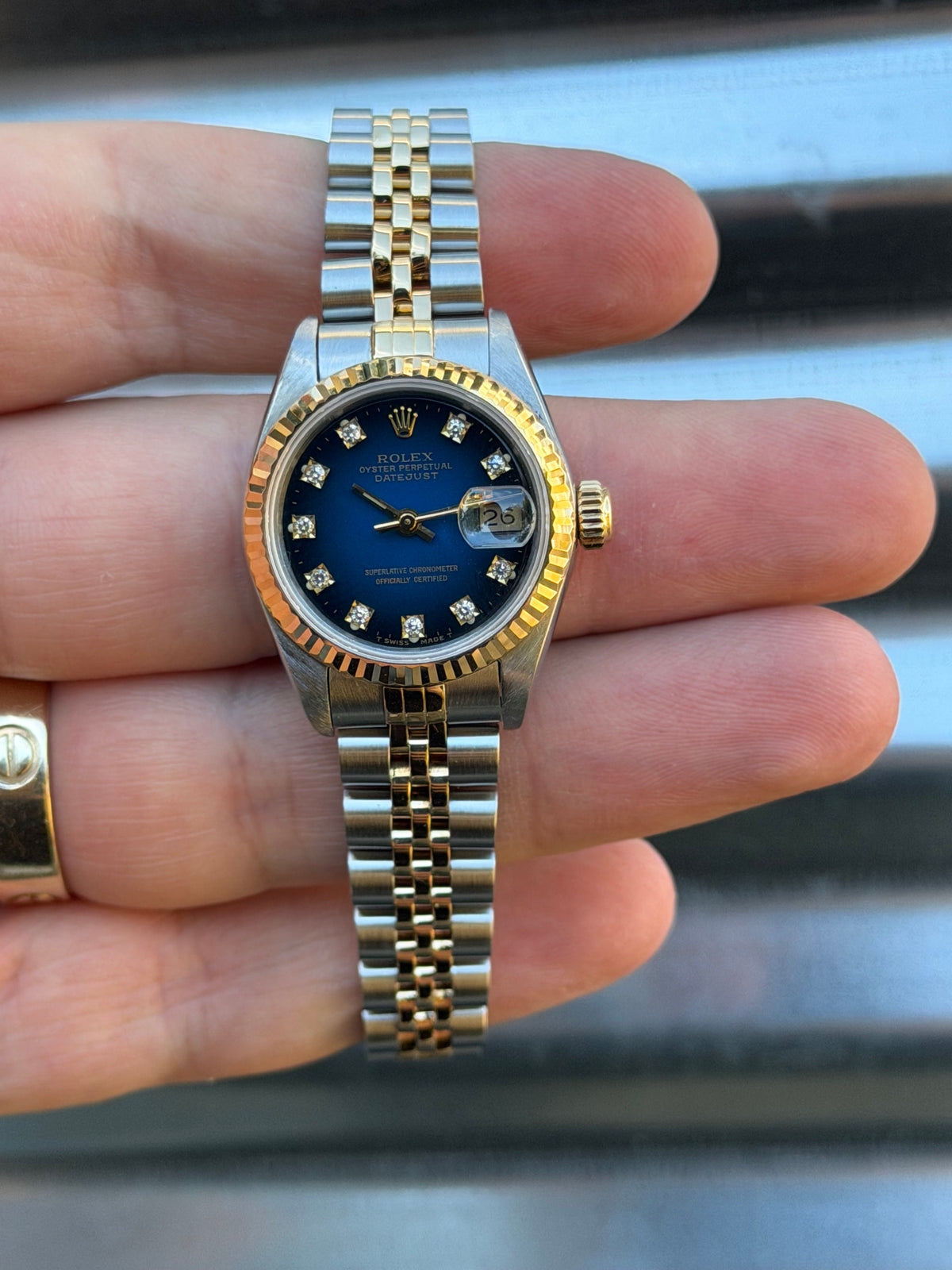 Rolex Ladies Datejust “Blue Vignette Diamond Dial “ 26mm Ref.69173 Box & Papers